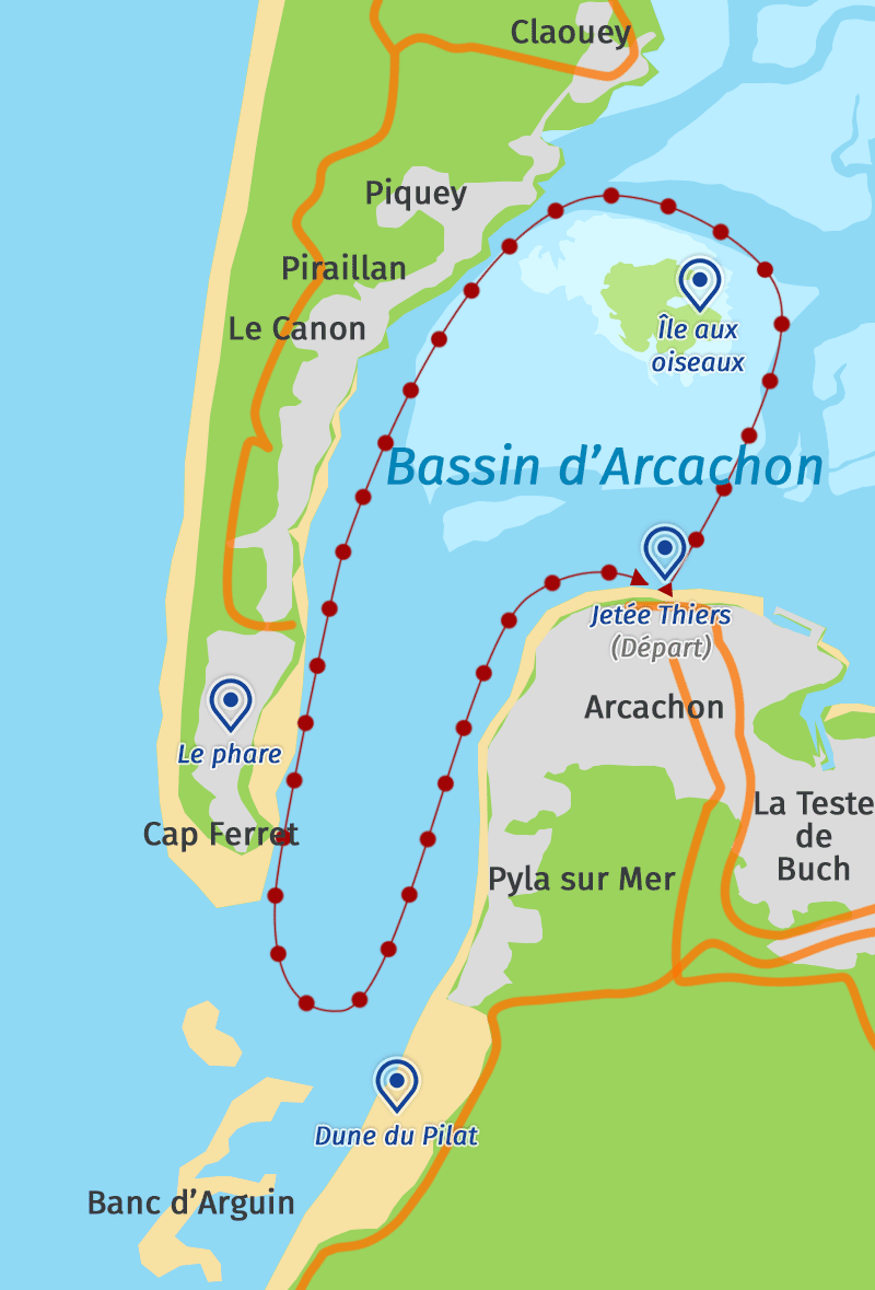 Carte du Grand Tour du Bassin d'Arcachon en Catamaran